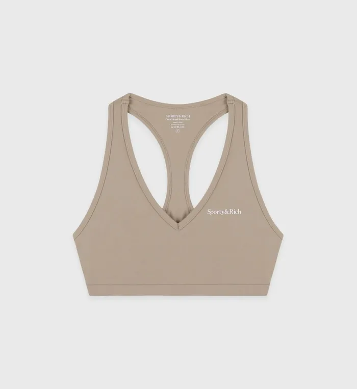 Activewear Women Sporty and Rich Serif Logo V Neck Sports Bra 8211 ElephantWhite