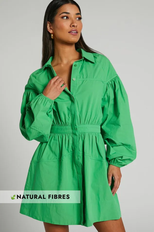 Adanny Mini Dress 8211 Long Puff Sleeve Shirt Dress In Green Women Showpo Dresses