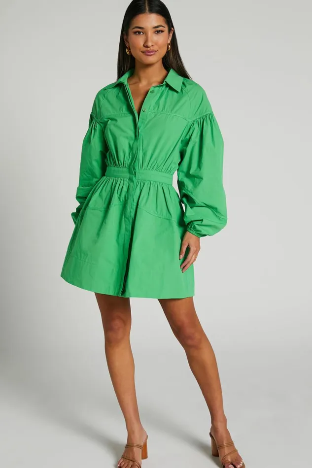Adanny Mini Dress 8211 Long Puff Sleeve Shirt Dress In Green Women Showpo Dresses