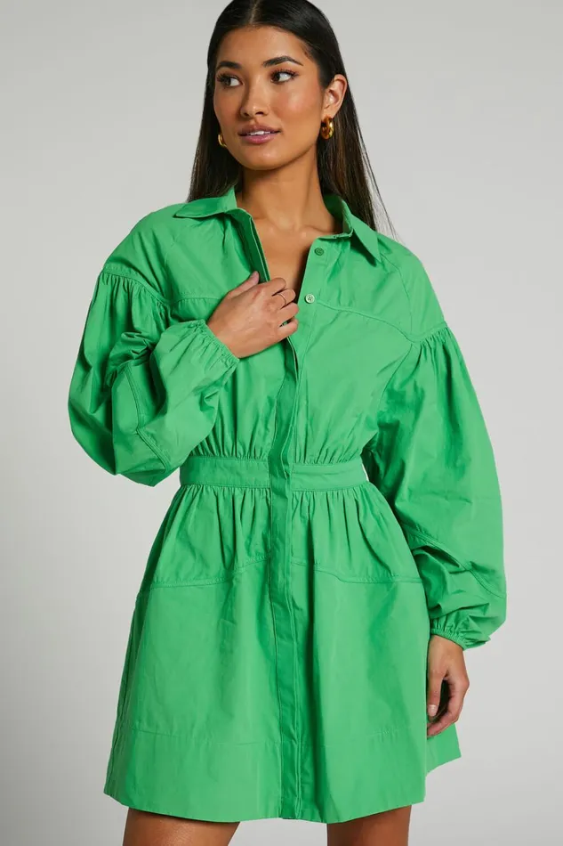 Adanny Mini Dress 8211 Long Puff Sleeve Shirt Dress In Green Women Showpo Dresses