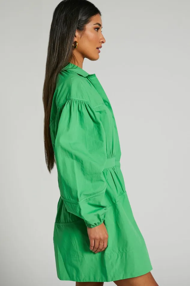 Adanny Mini Dress 8211 Long Puff Sleeve Shirt Dress In Green Women Showpo Dresses