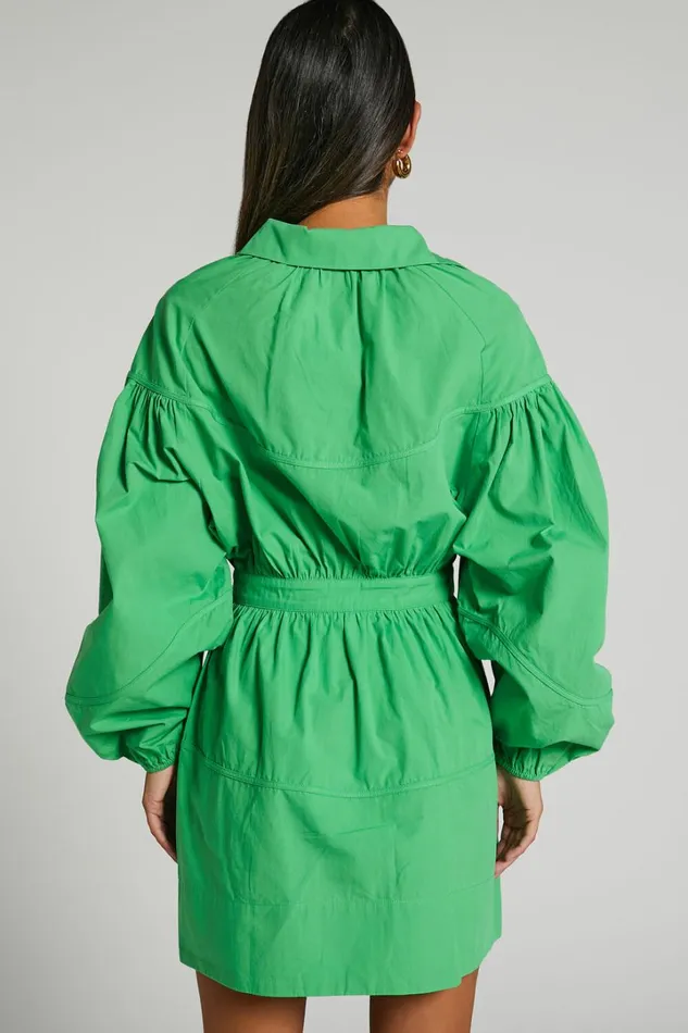 Adanny Mini Dress 8211 Long Puff Sleeve Shirt Dress In Green Women Showpo Dresses