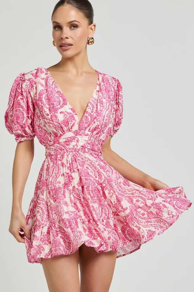 Adea Mini Dress 8211 Plunge Puff Sleeve Tiered Dress In Pink Floral Women Showpo Dresses Adea Mini Dress 8211 Plunge Puff Sleeve Tiered Dress In Pink Floral Women Showpo Dresses