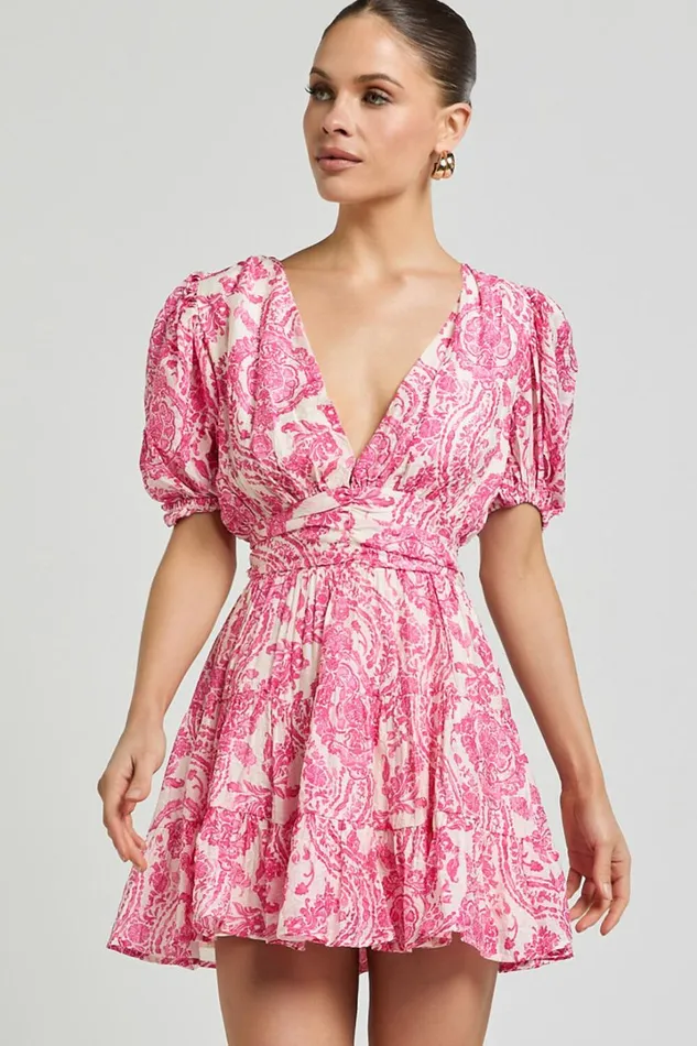 Adea Mini Dress 8211 Plunge Puff Sleeve Tiered Dress In Pink Floral Women Showpo Dresses