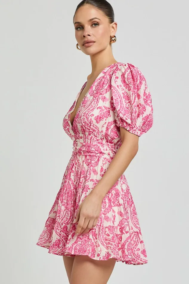 Adea Mini Dress 8211 Plunge Puff Sleeve Tiered Dress In Pink Floral Women Showpo Dresses