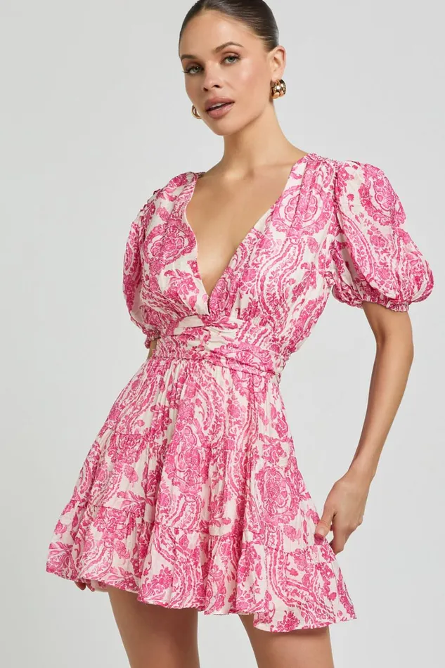 Adea Mini Dress 8211 Plunge Puff Sleeve Tiered Dress In Pink Floral Women Showpo Dresses