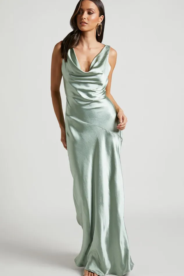 Adilah Maxi Dress 8211 Cowl Neck Satin Dress In Pistachio Women Showpo Curve Clothes