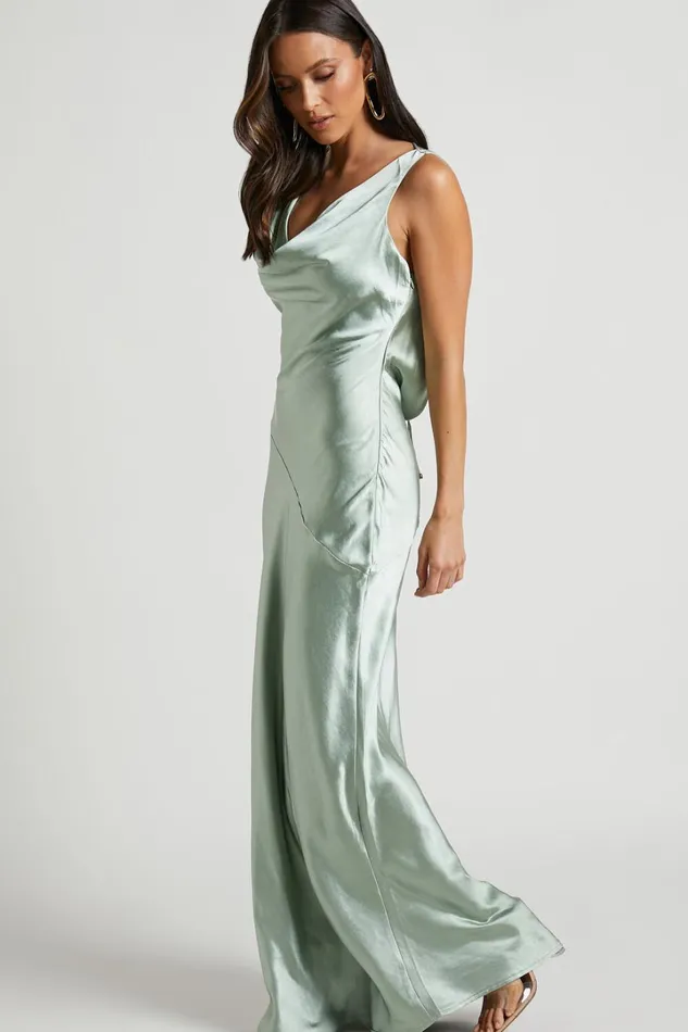 Adilah Maxi Dress 8211 Cowl Neck Satin Dress In Pistachio Women Showpo Curve Clothes