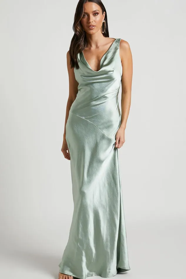 Adilah Maxi Dress 8211 Cowl Neck Satin Dress In Pistachio Women Showpo Curve Clothes