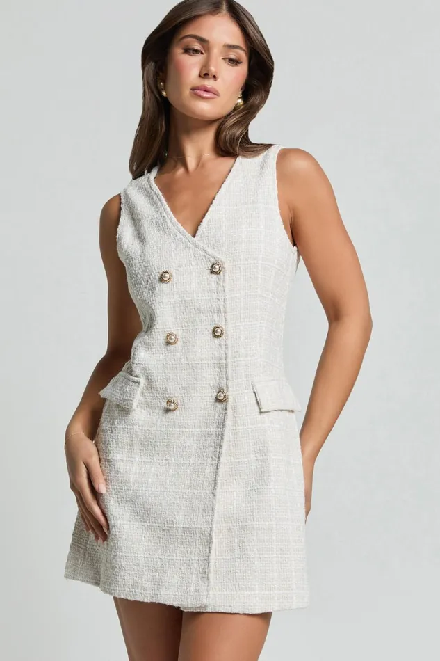 Adriana Mini Dress 8211 Sleeveless V Neck Boucle Dress In Cream Women Showpo Dresses