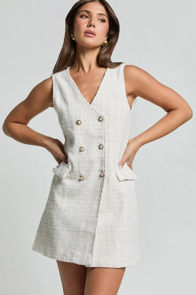 Adriana Mini Dress 8211 Sleeveless V Neck Boucle Dress In Cream Women Showpo Dresses