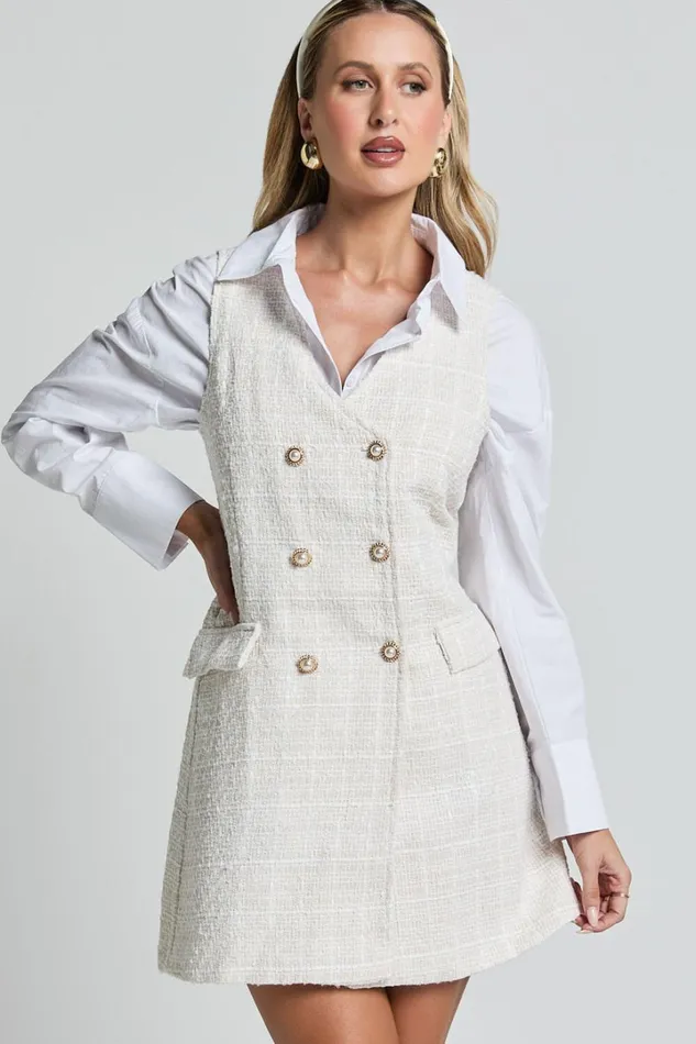 Adriana Mini Dress 8211 Sleeveless V Neck Boucle Dress In Cream Women Showpo Dresses