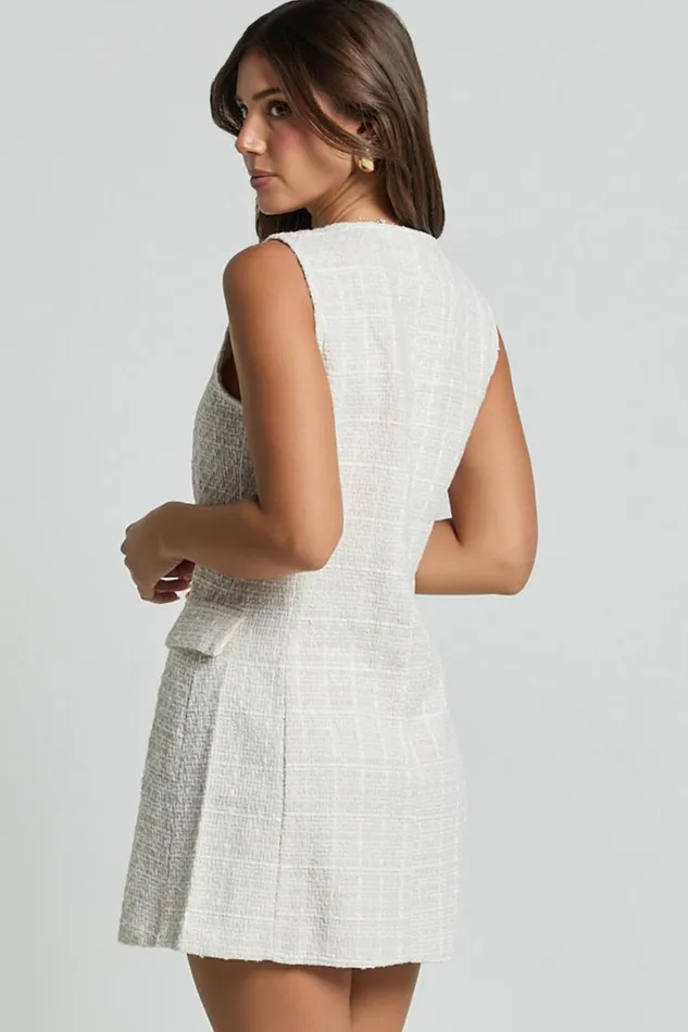 Adriana Mini Dress 8211 Sleeveless V Neck Boucle Dress In Cream Women Showpo Dresses