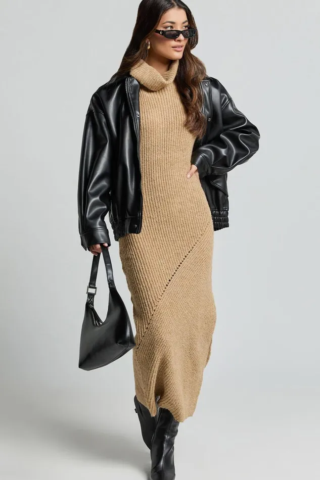 Alaina Midi Dress 8211 Recycled Polyester Knitted Roll Neck Dress In Caramel Women Showpo Knitwear