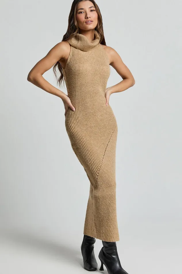 Alaina Midi Dress 8211 Recycled Polyester Knitted Roll Neck Dress In Caramel Women Showpo Knitwear