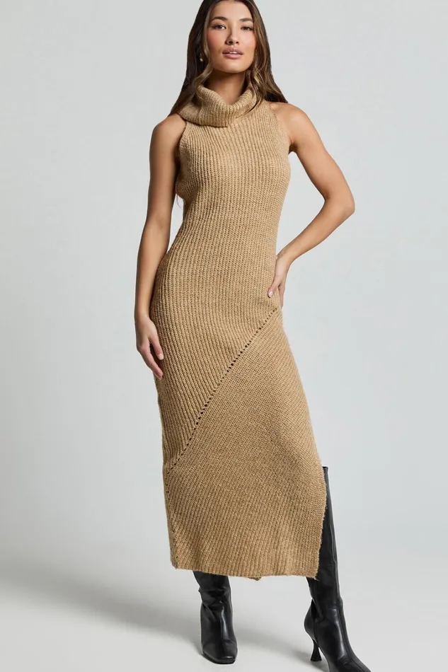 Alaina Midi Dress 8211 Recycled Polyester Knitted Roll Neck Dress In Caramel Women Showpo Knitwear
