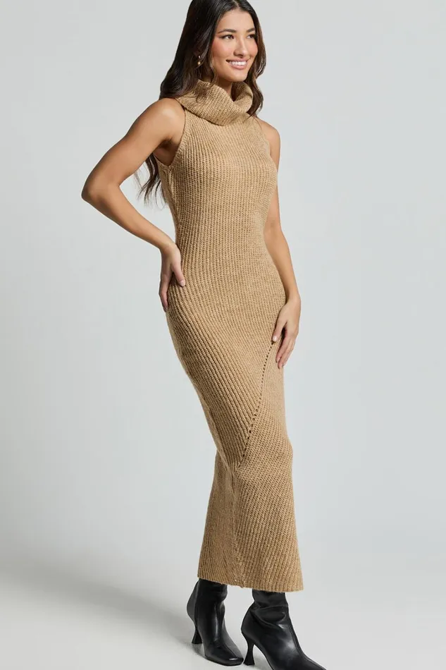 Alaina Midi Dress 8211 Recycled Polyester Knitted Roll Neck Dress In Caramel Women Showpo Knitwear