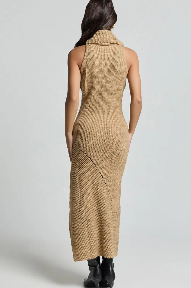 Alaina Midi Dress 8211 Recycled Polyester Knitted Roll Neck Dress In Caramel Women Showpo Knitwear