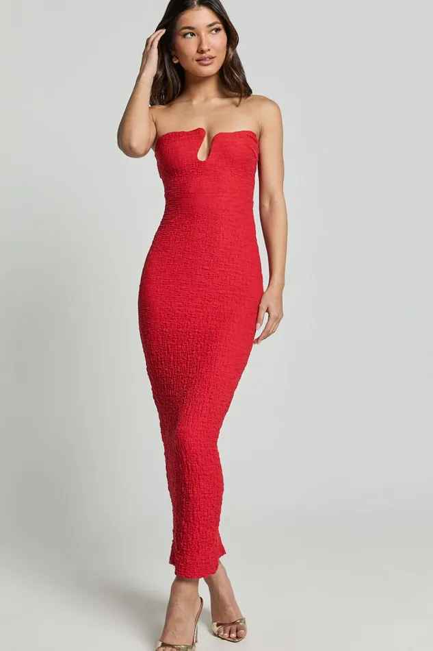 Alberta Maxi Dress Strapless Bust Detail Textured Dress In Red Women Showpo Dresses