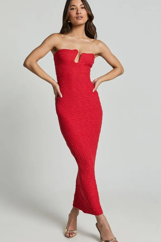 Alberta Maxi Dress Strapless Bust Detail Textured Dress In Red Women Showpo Dresses