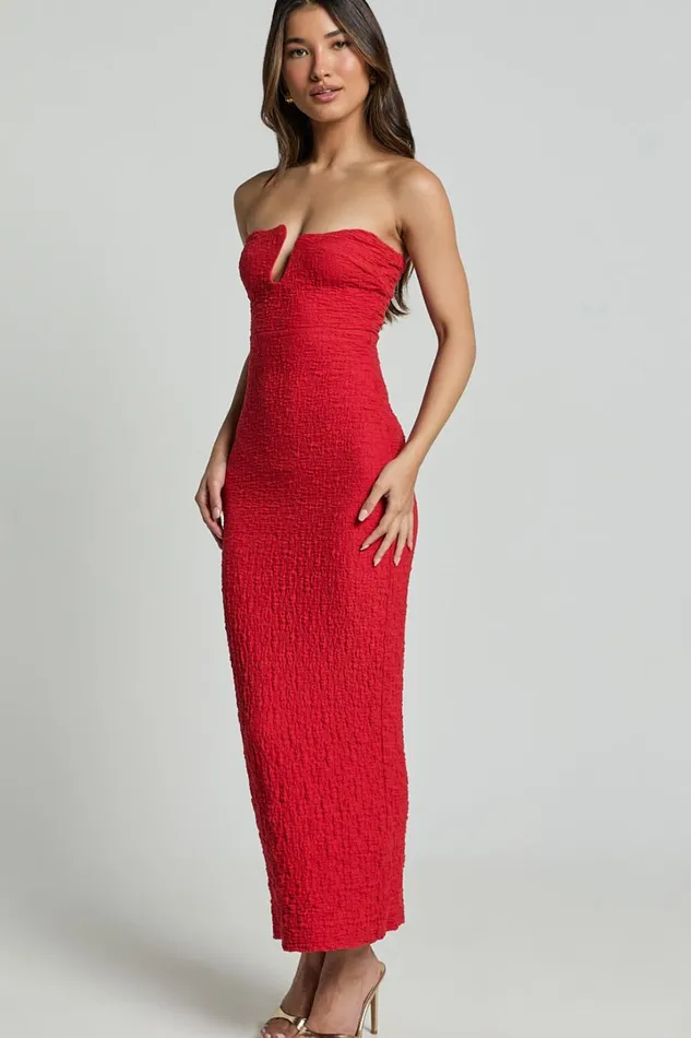 Alberta Maxi Dress Strapless Bust Detail Textured Dress In Red Women Showpo Dresses