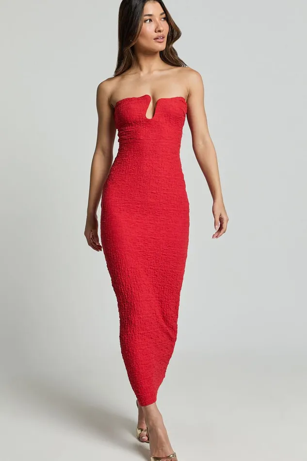 Alberta Maxi Dress Strapless Bust Detail Textured Dress In Red Women Showpo Dresses