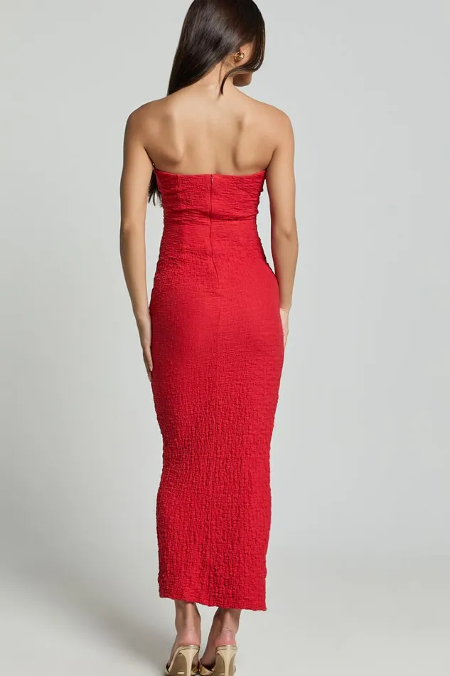 Alberta Maxi Dress Strapless Bust Detail Textured Dress In Red Women Showpo Dresses