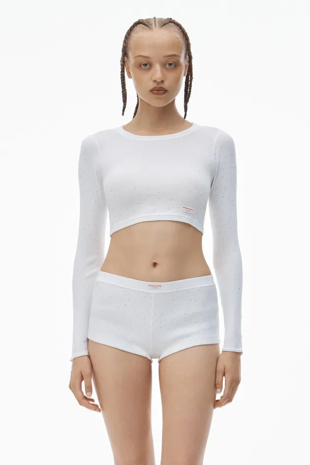 Alexander Wang Bodywear Crystal Hotfix Cropped Long Sleeve Tee