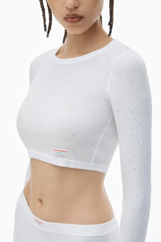 Alexander Wang Bodywear Crystal Hotfix Cropped Long Sleeve Tee