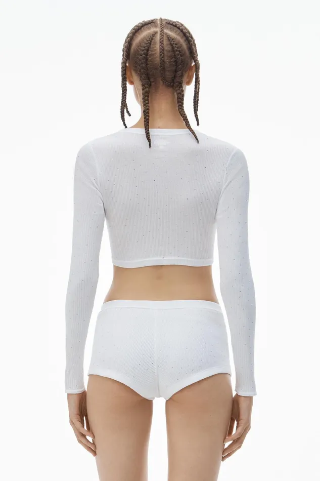 Alexander Wang Bodywear Crystal Hotfix Cropped Long Sleeve Tee