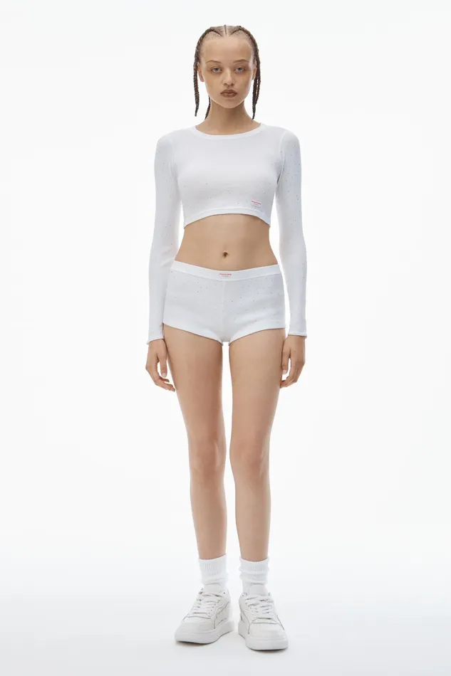 Alexander Wang Bodywear Crystal Hotfix Cropped Long Sleeve Tee