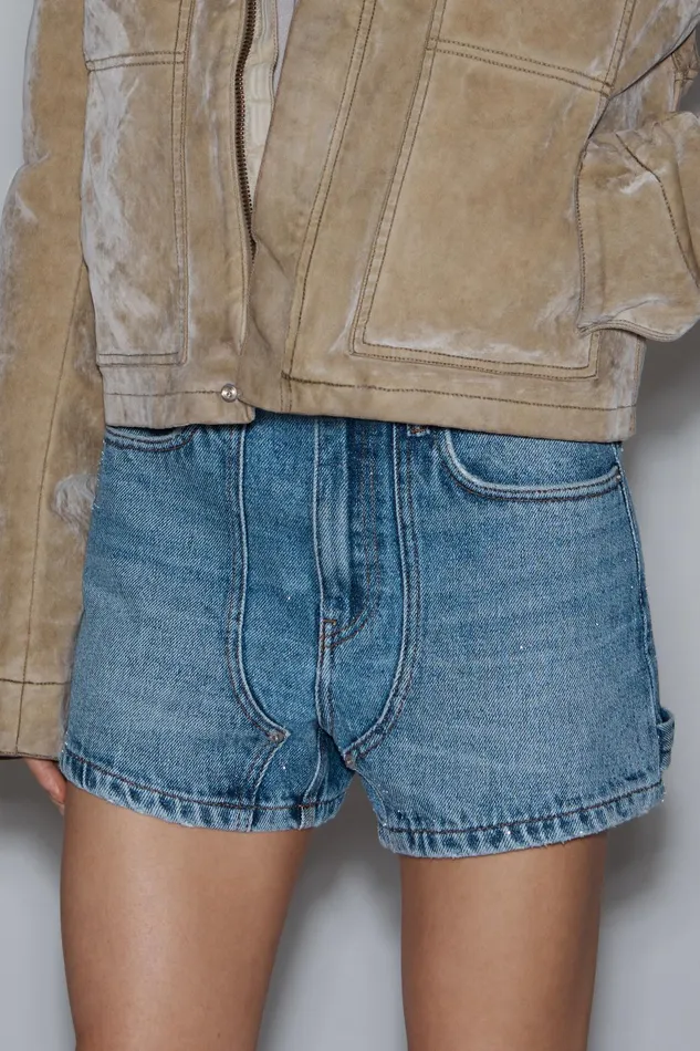 Alexander Wang Denim HighWaist Workwear Shorts In Clear Bead Hotfix 8211 Women