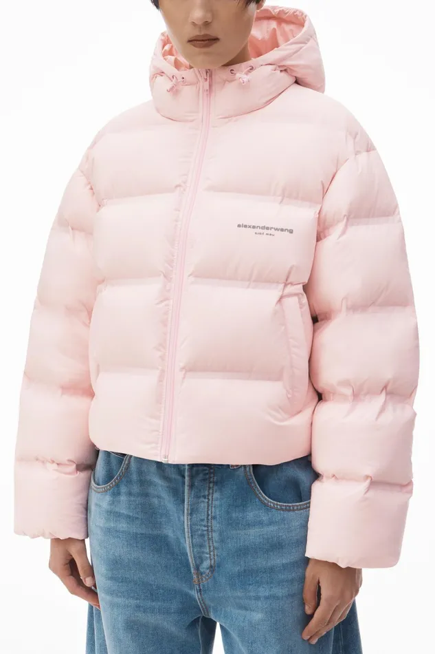 Alexander Wang Outerwear Cropped Hooded Puffer Coat With Reflective Logo 8211 Women