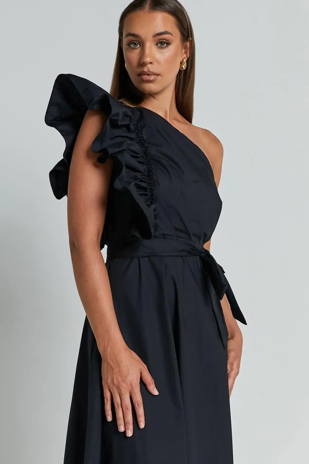 Almeida Midi Dress 8211 One Shoulder Ruffle Detail Belted Dress In Black Women Showpo Dresses