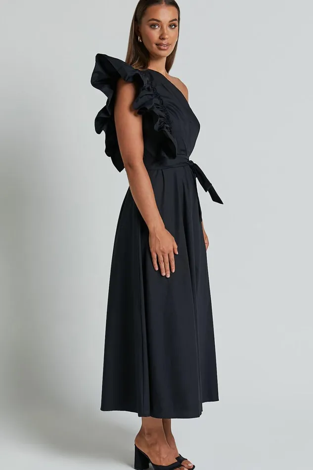 Almeida Midi Dress 8211 One Shoulder Ruffle Detail Belted Dress In Black Women Showpo Dresses
