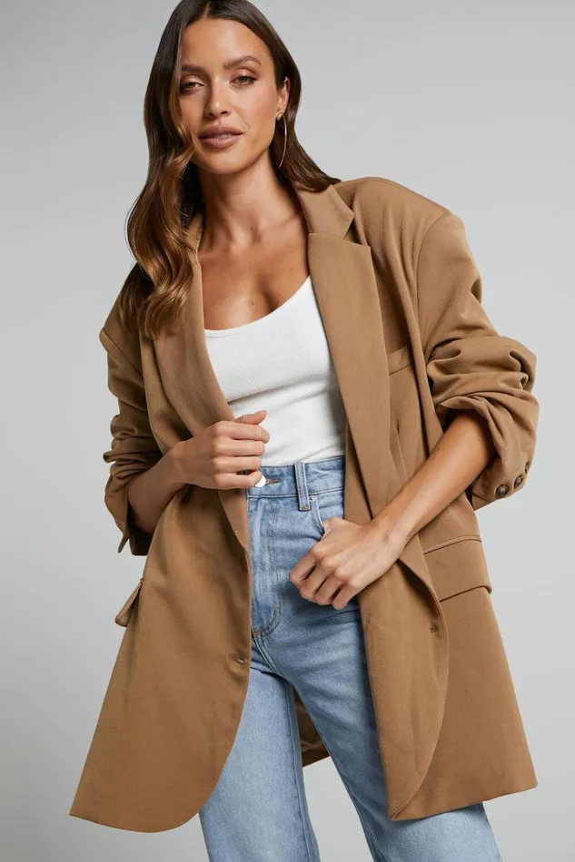 Amalea Blazer 8211 Oversized Boyfriend Blazer In Mocha Women Showpo Blazers