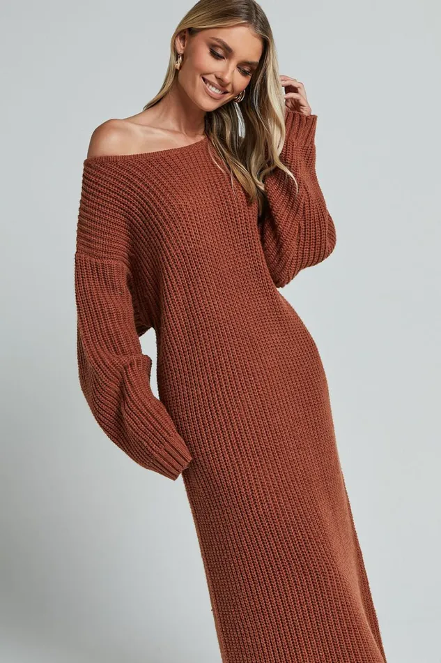 Amalie The Label 8211 Beata Knitted Long Sleeve Midi Dress In Rust Women Showpo Dresses