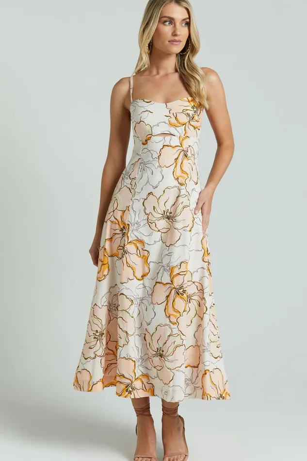 Amalie The Label 8211 Carietta Linen Blend Strappy Sweetheart Cut Out A Line Midi Dress In Maison Fleur Women Showpo Curve Clothes