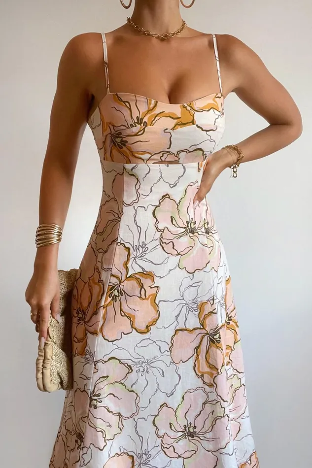 Amalie The Label 8211 Carietta Linen Blend Strappy Sweetheart Cut Out A Line Midi Dress In Maison Fleur Women Showpo Curve Clothes