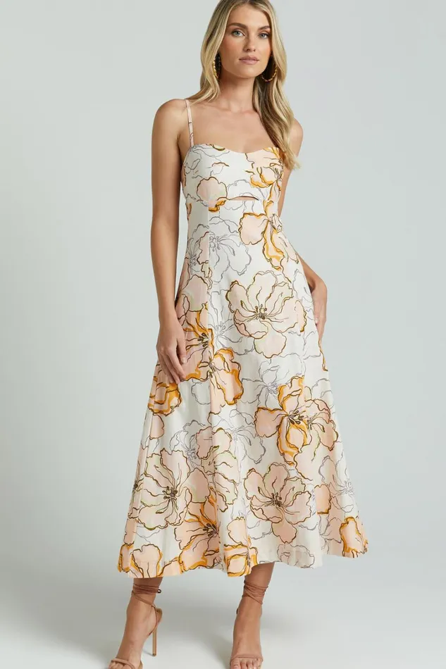 Amalie The Label 8211 Carietta Linen Blend Strappy Sweetheart Cut Out A Line Midi Dress In Maison Fleur Women Showpo Curve Clothes