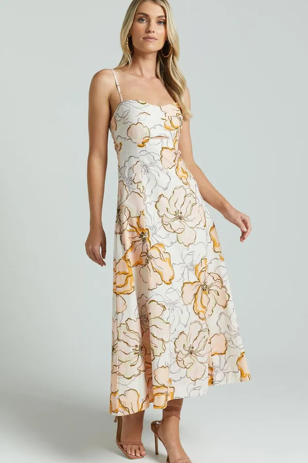 Amalie The Label 8211 Carietta Linen Blend Strappy Sweetheart Cut Out A Line Midi Dress In Maison Fleur Women Showpo Curve Clothes
