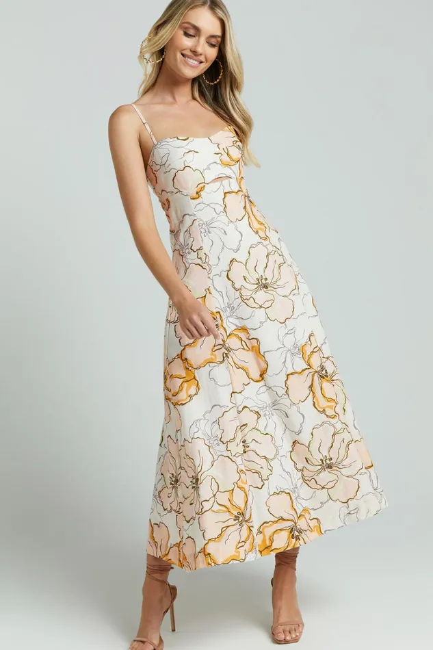 Amalie The Label 8211 Carietta Linen Blend Strappy Sweetheart Cut Out A Line Midi Dress In Maison Fleur Women Showpo Curve Clothes