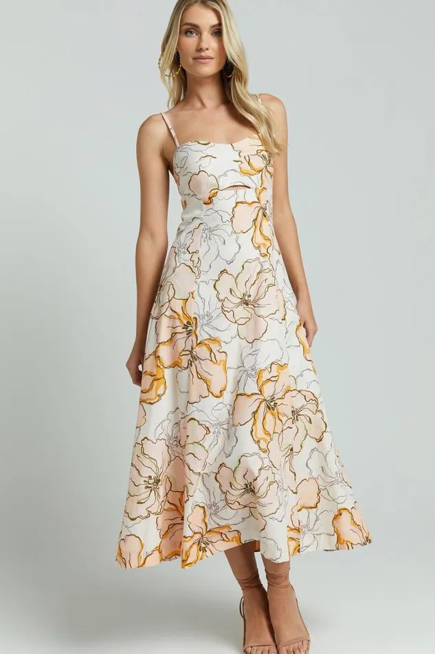 Amalie The Label 8211 Carietta Linen Blend Strappy Sweetheart Cut Out A Line Midi Dress In Maison Fleur Women Showpo Curve Clothes