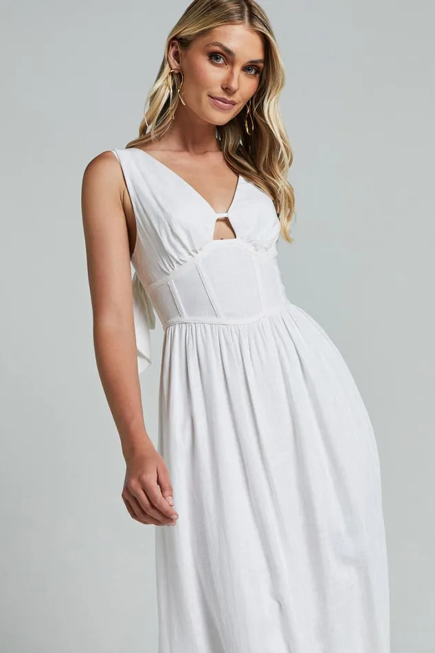 Amalie The Label 8211 Chamika Linen Blend Bustier Double Tie Back Midi Dress In White Women Showpo Curve Clothes
