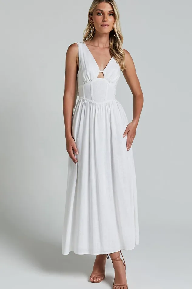 Amalie The Label 8211 Chamika Linen Blend Bustier Double Tie Back Midi Dress In White Women Showpo Curve Clothes