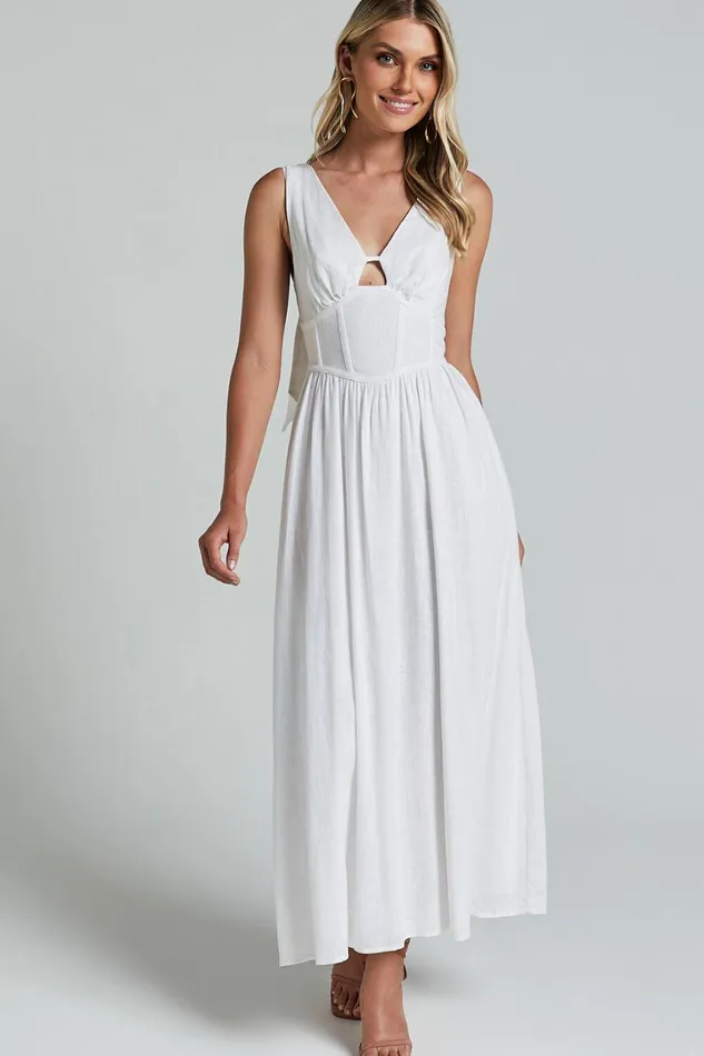 Amalie The Label 8211 Chamika Linen Blend Bustier Double Tie Back Midi Dress In White Women Showpo Curve Clothes
