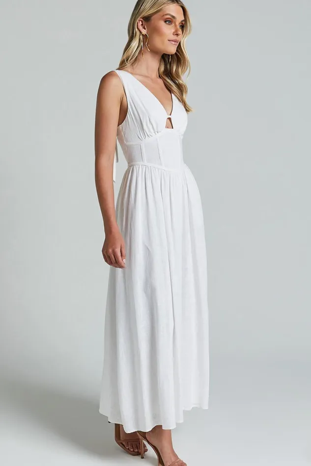 Amalie The Label 8211 Chamika Linen Blend Bustier Double Tie Back Midi Dress In White Women Showpo Curve Clothes