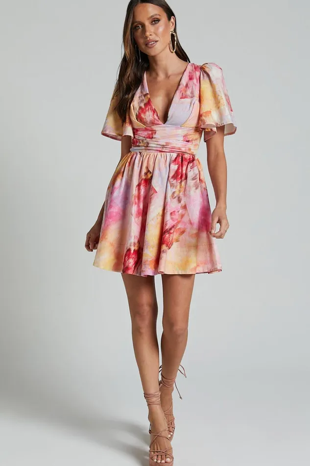Amalie The Label 8211 Chamika Linen Blend Plunge Open Tie Back Mini Dress In Marsielle Print Women Showpo Dresses