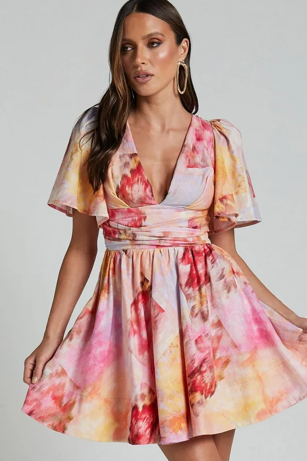 Amalie The Label 8211 Chamika Linen Blend Plunge Open Tie Back Mini Dress In Marsielle Print Women Showpo Dresses