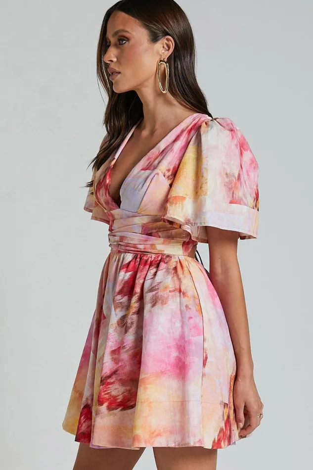 Amalie The Label 8211 Chamika Linen Blend Plunge Open Tie Back Mini Dress In Marsielle Print Women Showpo Dresses